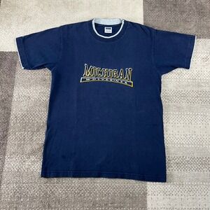 Y2K Michigan Wolverines Mens Navy Blue T Shirt Size L Short Sleeve Embroidered